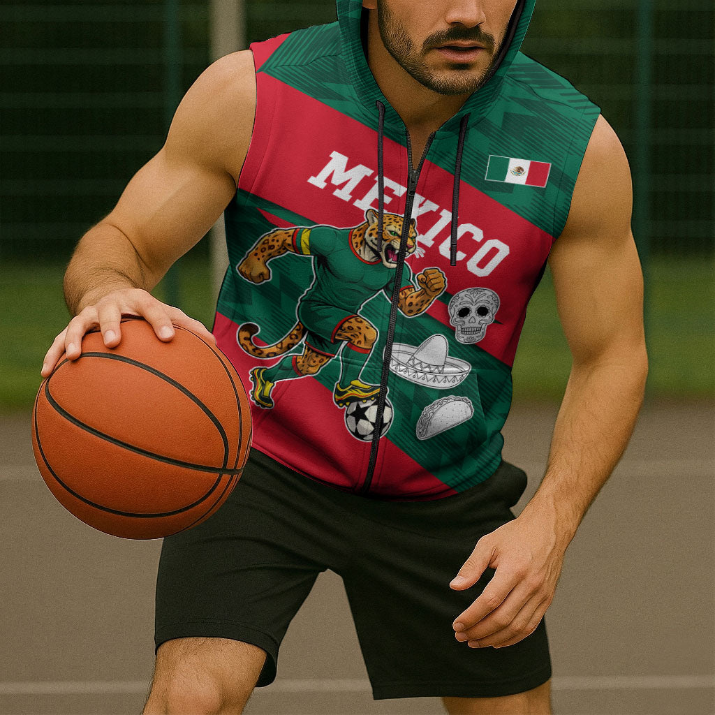 Personalized Mexico Football Jaguar Mascot Sleeveless Zip Hoodie Sugar Skull Sombrero Aztec