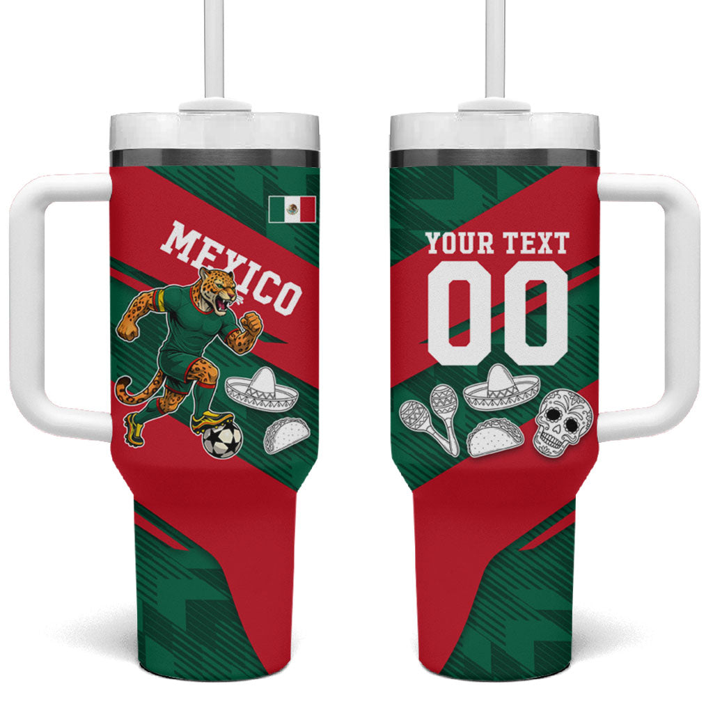 Personalized Mexico Football Jaguar Mascot Tumbler With Handle Sugar Skull Sombrero Aztec