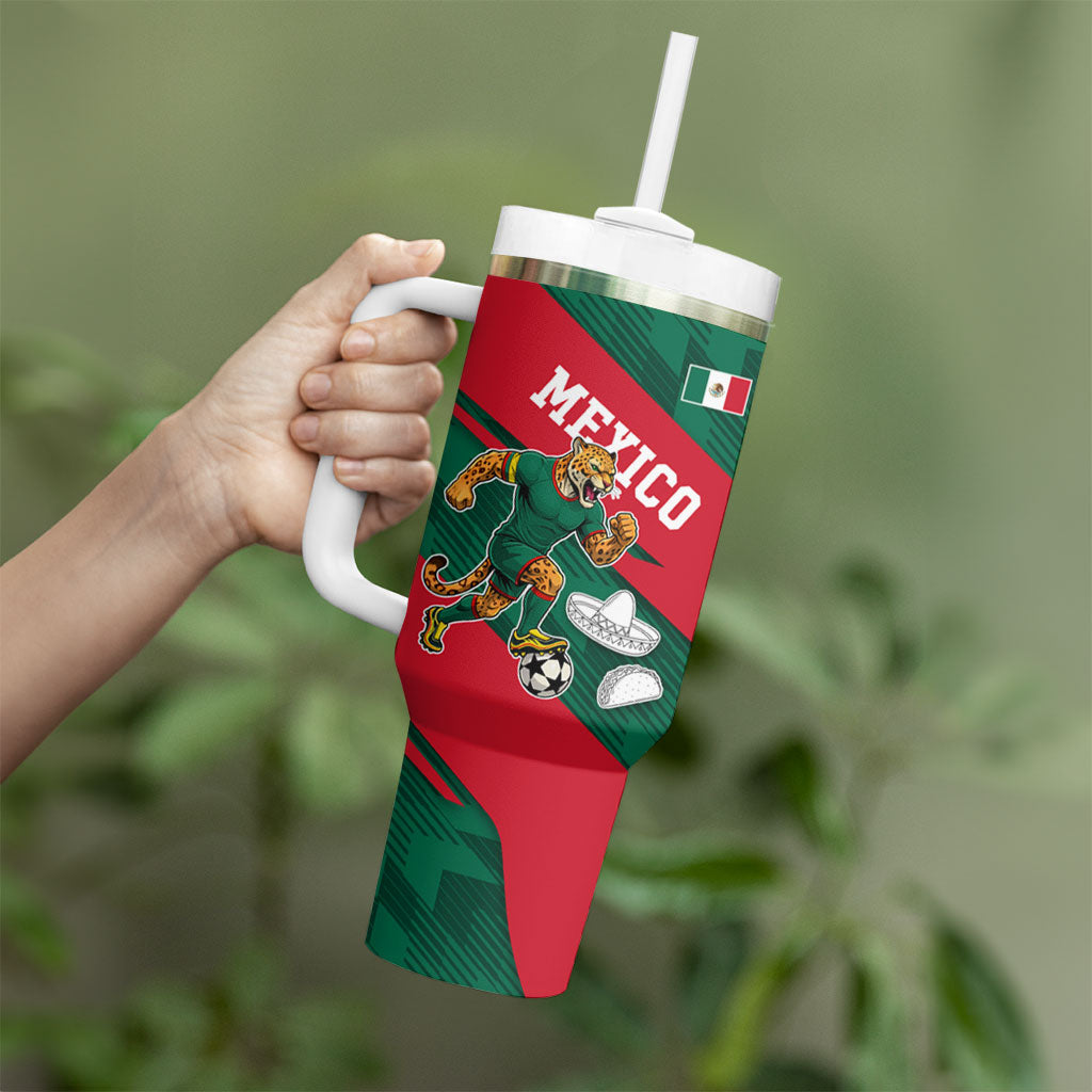 Personalized Mexico Football Jaguar Mascot Tumbler With Handle Sugar Skull Sombrero Aztec