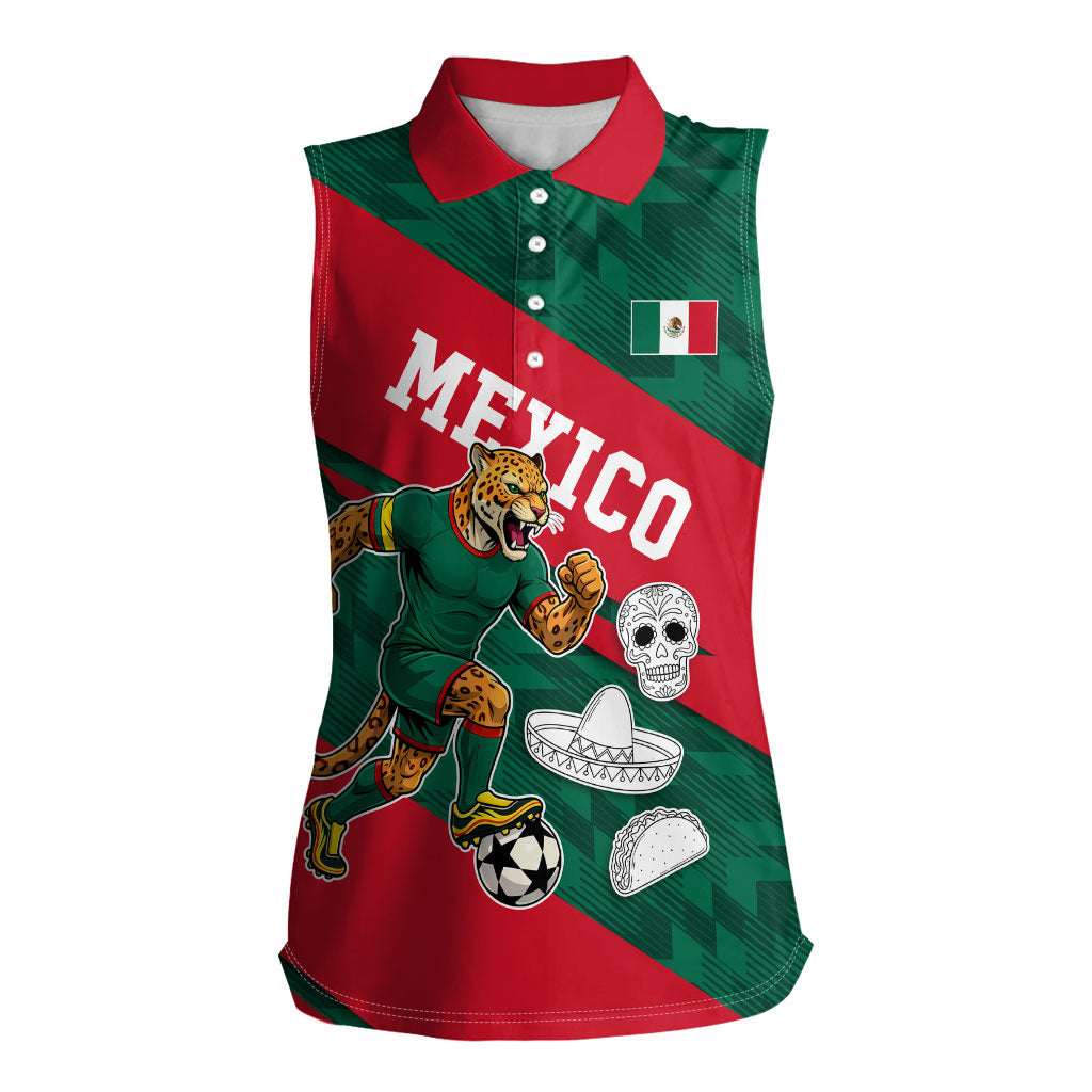 Personalized Mexico Football Jaguar Mascot Women Sleeveless Polo Shirt Sugar Skull Sombrero Aztec