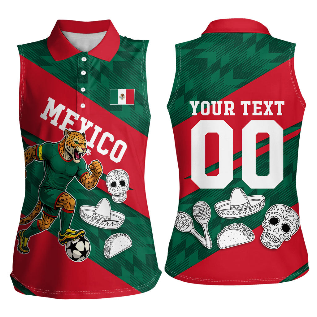 Personalized Mexico Football Jaguar Mascot Women Sleeveless Polo Shirt Sugar Skull Sombrero Aztec