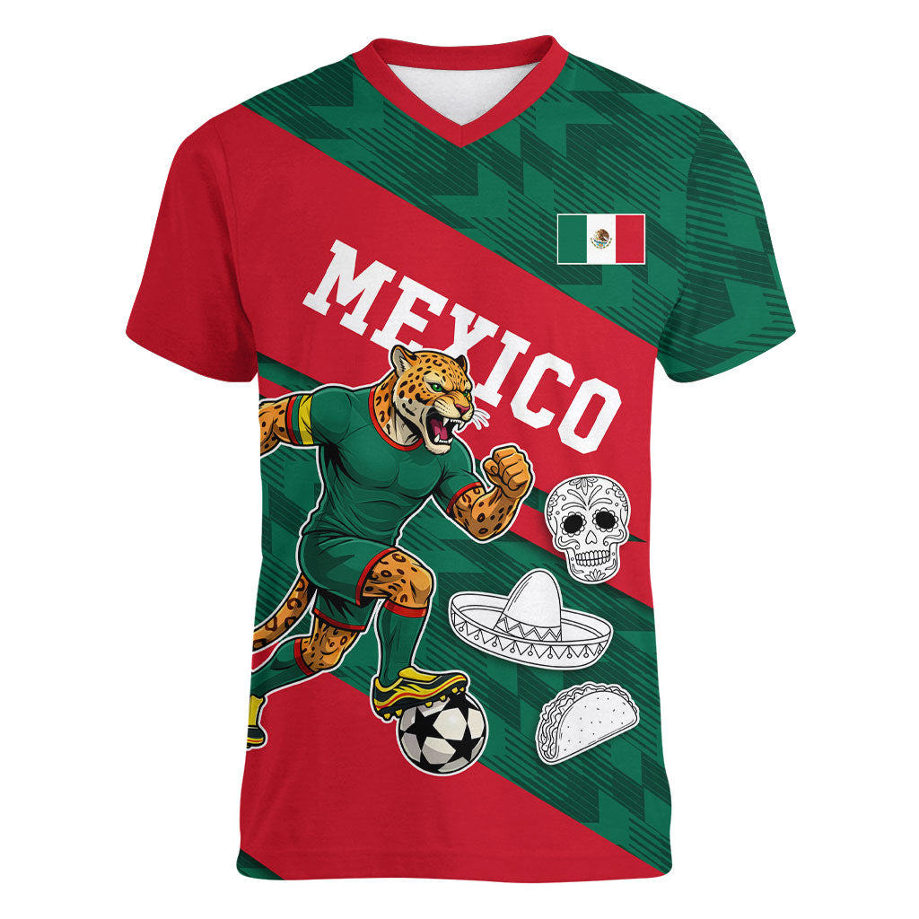 Personalized Mexico Football Jaguar Mascot Women V-Neck T-Shirt Sugar Skull Sombrero Aztec