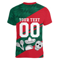 Personalized Mexico Football Jaguar Mascot Women V-Neck T-Shirt Sugar Skull Sombrero Aztec