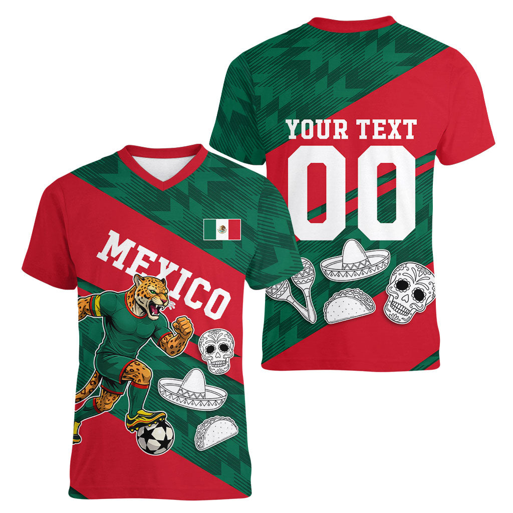 Personalized Mexico Football Jaguar Mascot Women V-Neck T-Shirt Sugar Skull Sombrero Aztec