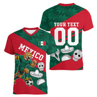 Personalized Mexico Football Jaguar Mascot Women V-Neck T-Shirt Sugar Skull Sombrero Aztec