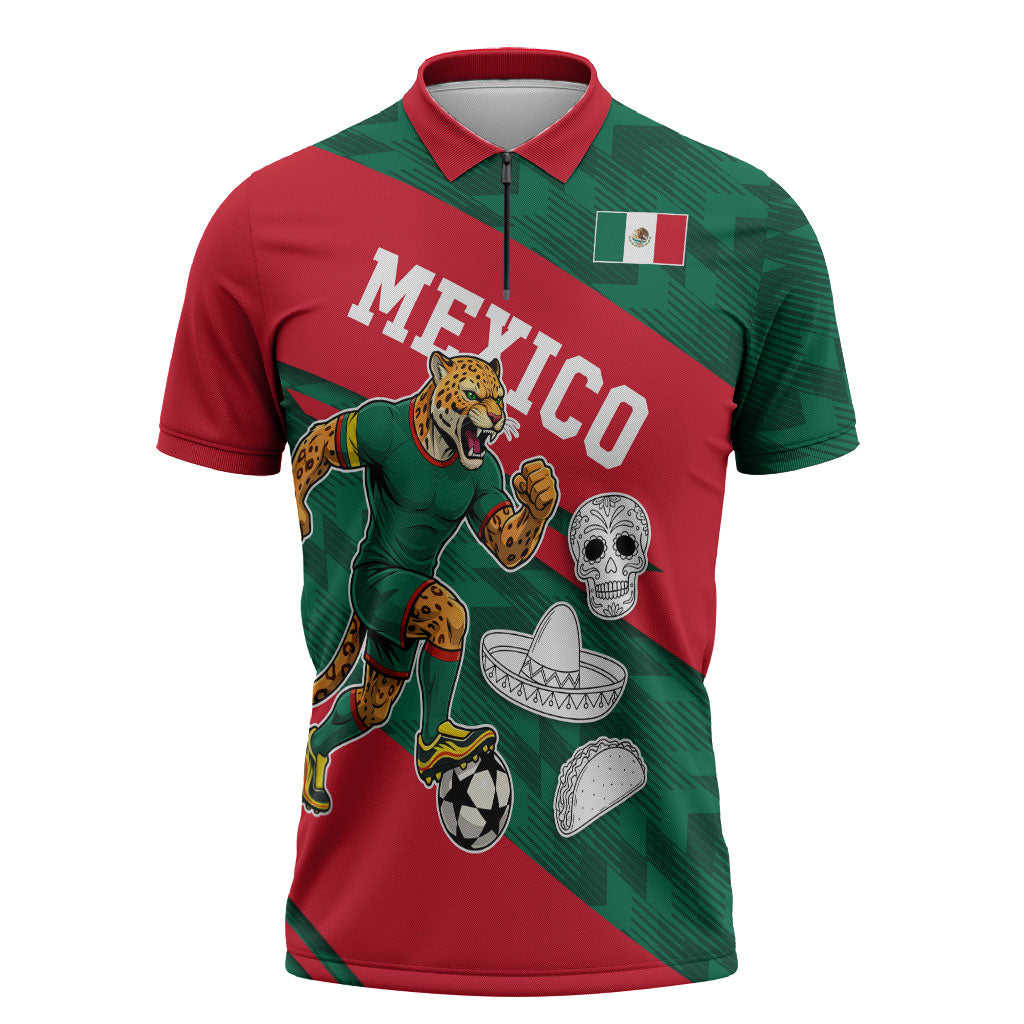 Personalized Mexico Football Jaguar Mascot Zipper Polo Shirt Sugar Skull Sombrero Aztec