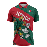 Personalized Mexico Football Jaguar Mascot Zipper Polo Shirt Sugar Skull Sombrero Aztec