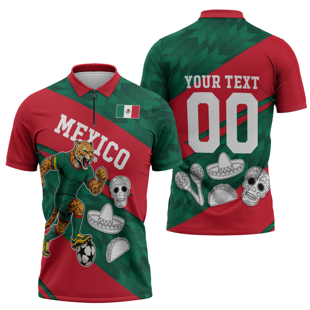 Personalized Mexico Football Jaguar Mascot Zipper Polo Shirt Sugar Skull Sombrero Aztec