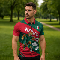 Personalized Mexico Football Jaguar Mascot Zipper Polo Shirt Sugar Skull Sombrero Aztec