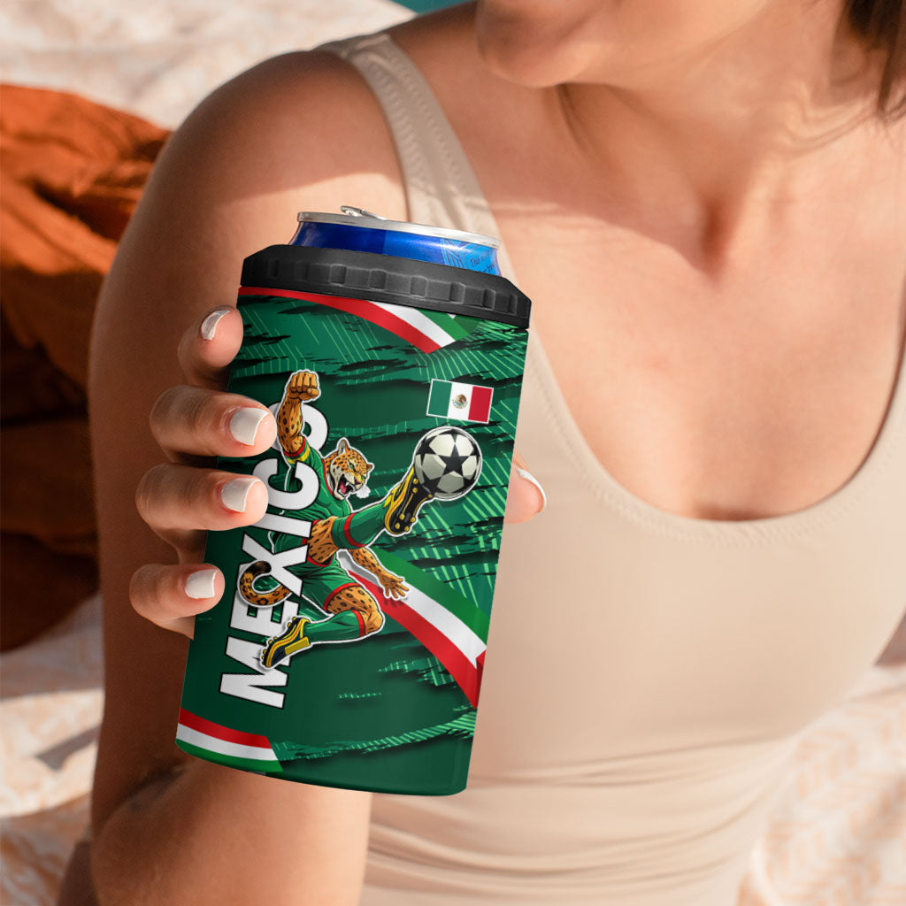 Personalized Mexico Football 4 in 1 Can Cooler Tumbler Jaguar Mascot Artistic Brush Stroke Texture