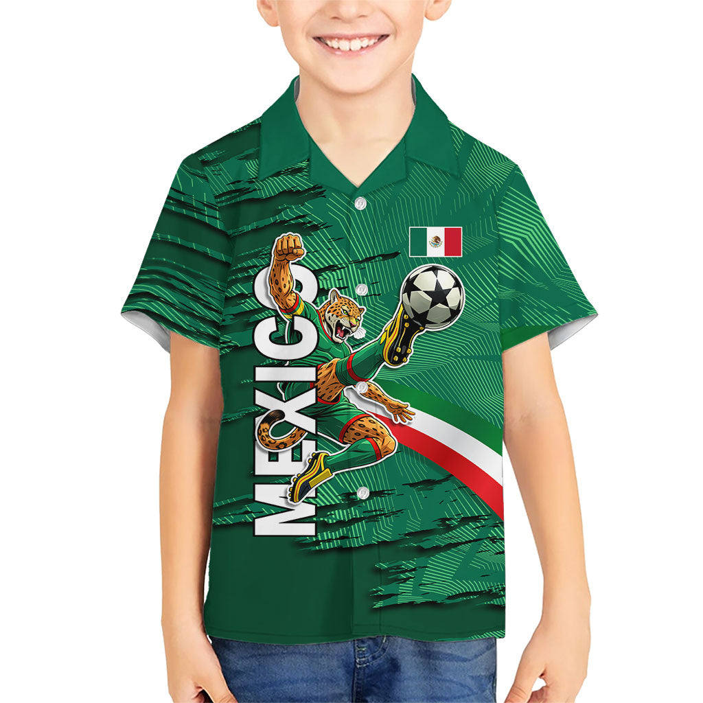 Personalized Mexico Football Kid Hawaiian Shirt Jaguar Mascot Artistic Brush Stroke Texture