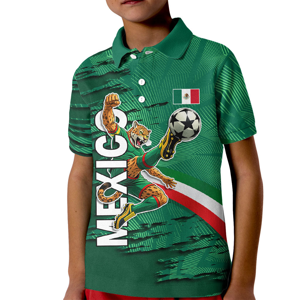 Personalized Mexico Football Kid Polo Shirt Jaguar Mascot Artistic Brush Stroke Texture