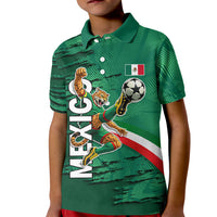 Personalized Mexico Football Kid Polo Shirt Jaguar Mascot Artistic Brush Stroke Texture