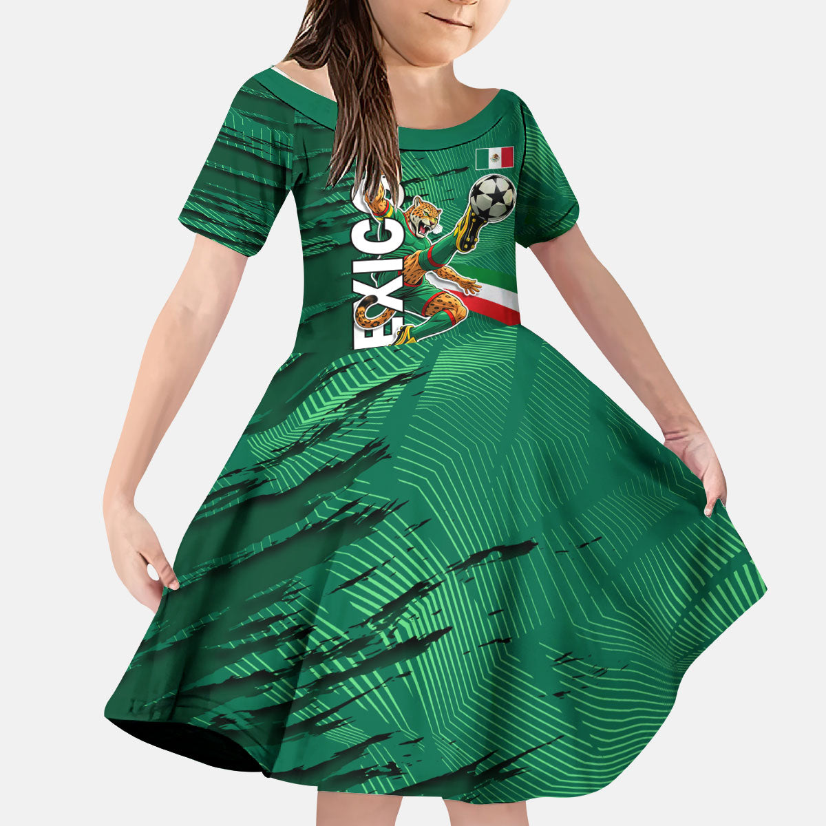 Personalized Mexico Football Kid Short Sleeve Dress Jaguar Mascot Artistic Brush Stroke Texture