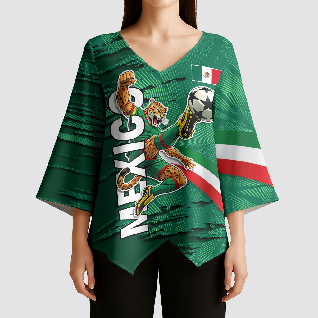 Personalized Mexico Football Kimono Sleeve Blouse Jaguar Mascot Artistic Brush Stroke Texture