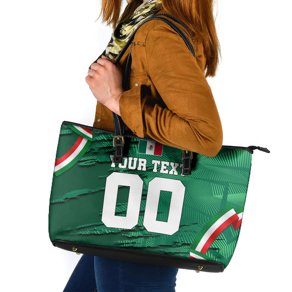Personalized Mexico Football Leather Tote Bag Jaguar Mascot Artistic Brush Stroke Texture