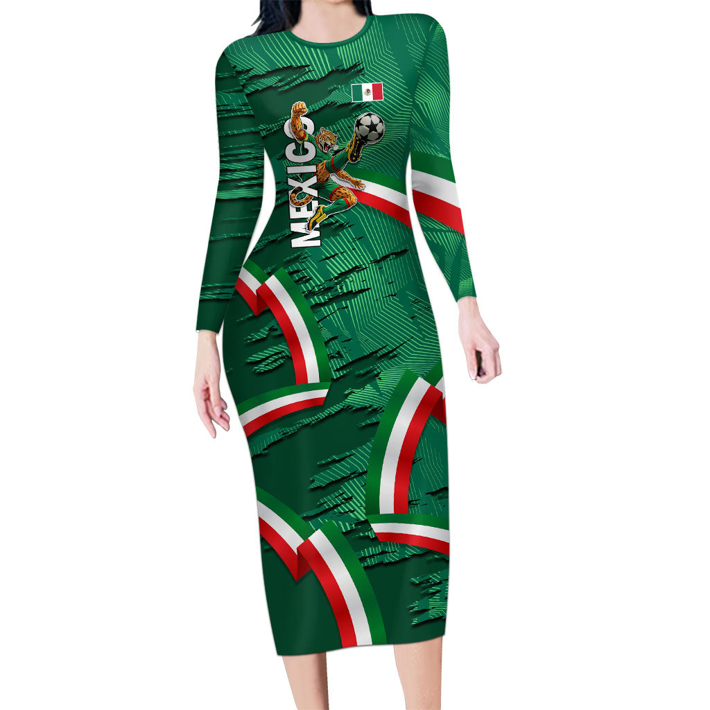 Personalized Mexico Football Long Sleeve Bodycon Dress Jaguar Mascot Artistic Brush Stroke Texture