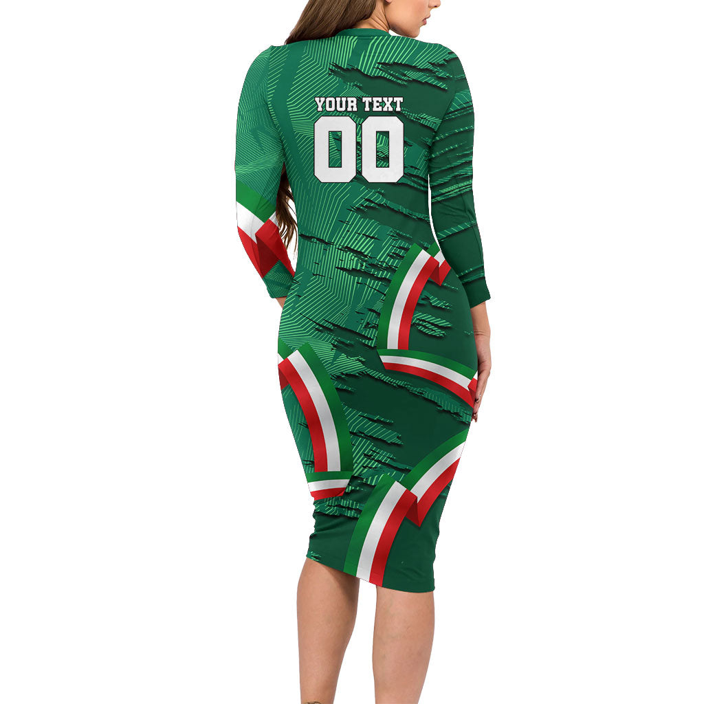 Personalized Mexico Football Long Sleeve Bodycon Dress Jaguar Mascot Artistic Brush Stroke Texture