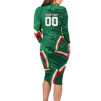 Personalized Mexico Football Long Sleeve Bodycon Dress Jaguar Mascot Artistic Brush Stroke Texture