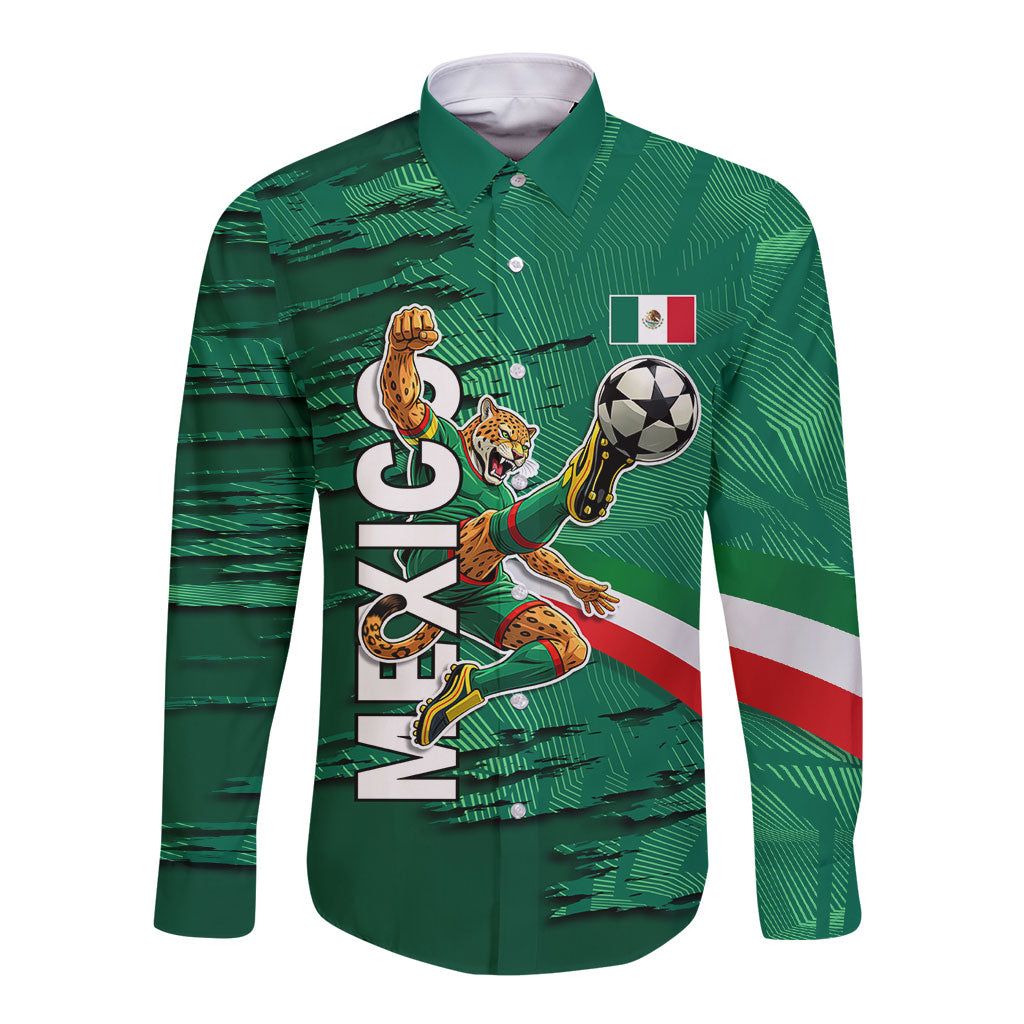 Personalized Mexico Football Long Sleeve Button Shirt Jaguar Mascot Artistic Brush Stroke Texture
