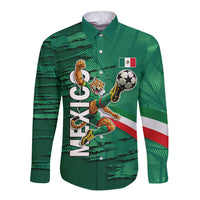Personalized Mexico Football Long Sleeve Button Shirt Jaguar Mascot Artistic Brush Stroke Texture