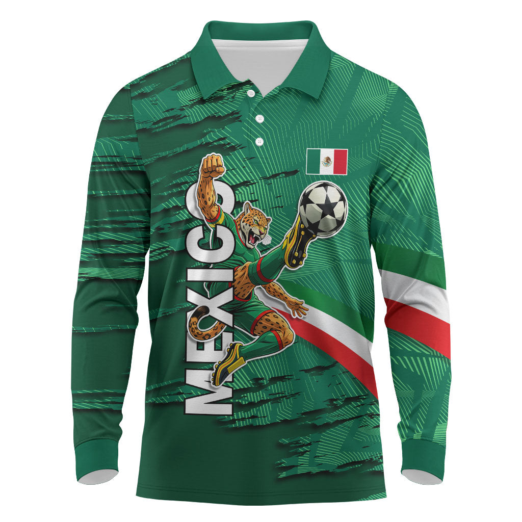 Personalized Mexico Football Long Sleeve Polo Shirt Jaguar Mascot Artistic Brush Stroke Texture