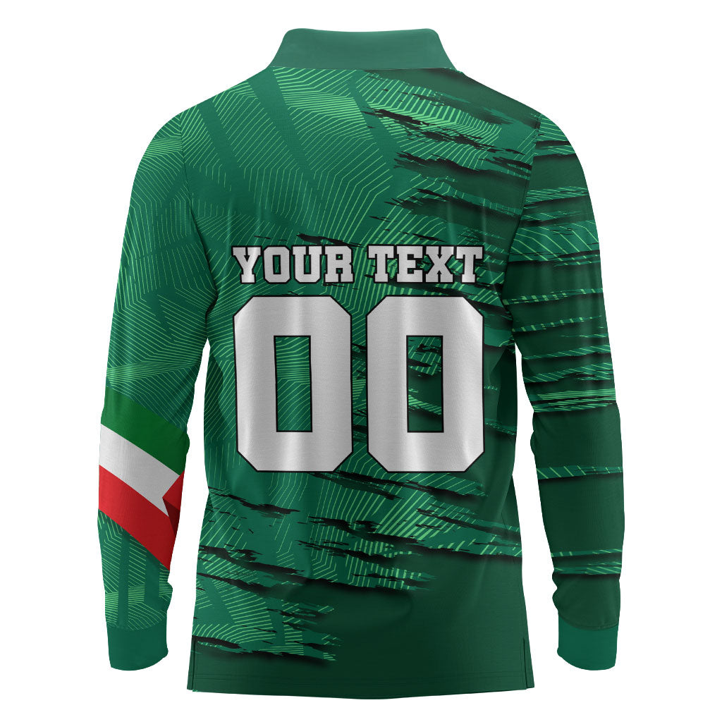 Personalized Mexico Football Long Sleeve Polo Shirt Jaguar Mascot Artistic Brush Stroke Texture