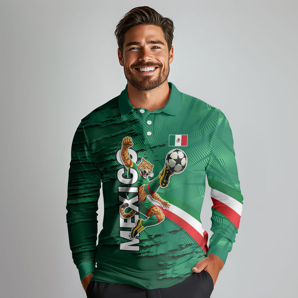 Personalized Mexico Football Long Sleeve Polo Shirt Jaguar Mascot Artistic Brush Stroke Texture