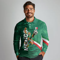 Personalized Mexico Football Long Sleeve Polo Shirt Jaguar Mascot Artistic Brush Stroke Texture