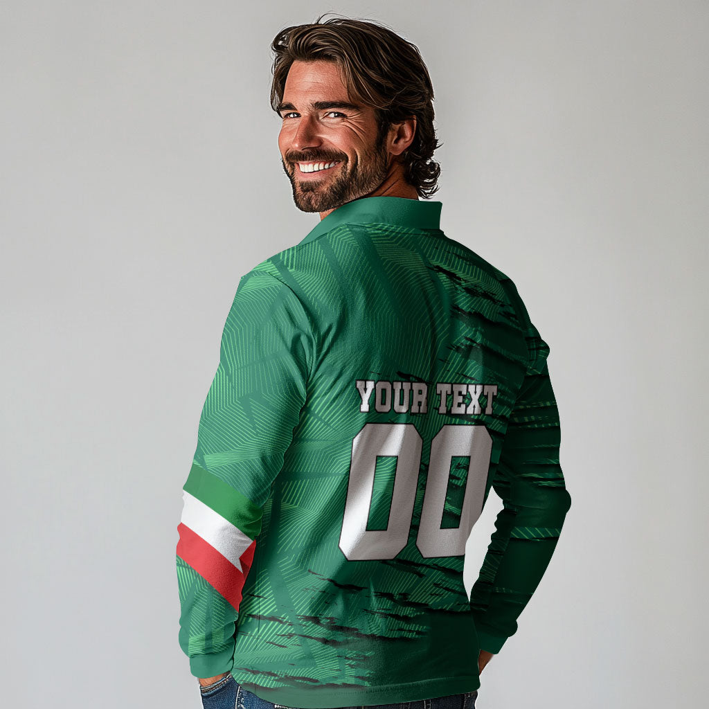 Personalized Mexico Football Long Sleeve Polo Shirt Jaguar Mascot Artistic Brush Stroke Texture