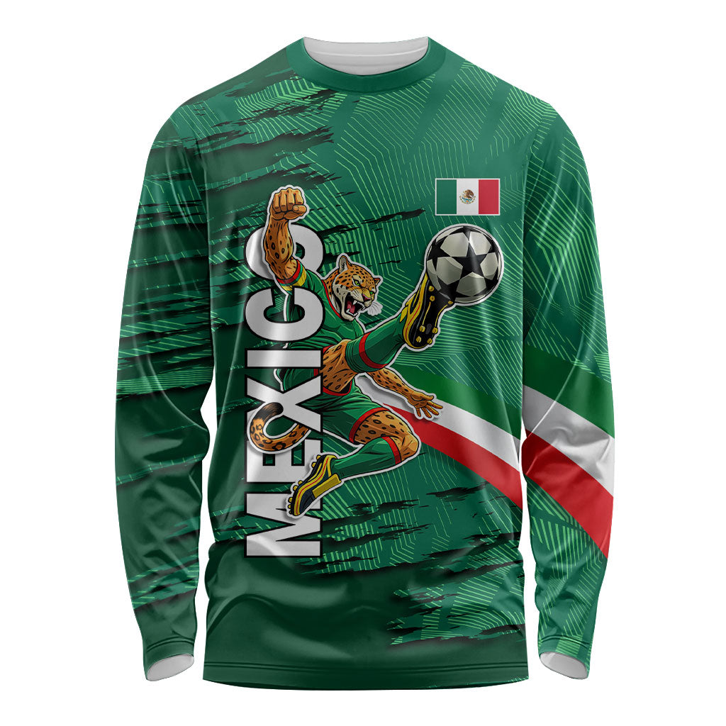 Personalized Mexico Football Long Sleeve Shirt Jaguar Mascot Artistic Brush Stroke Texture