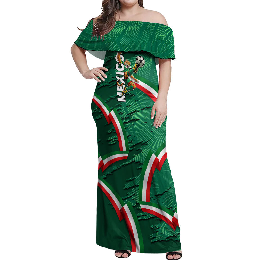 Personalized Mexico Football Off Shoulder Maxi Dress Jaguar Mascot Artistic Brush Stroke Texture