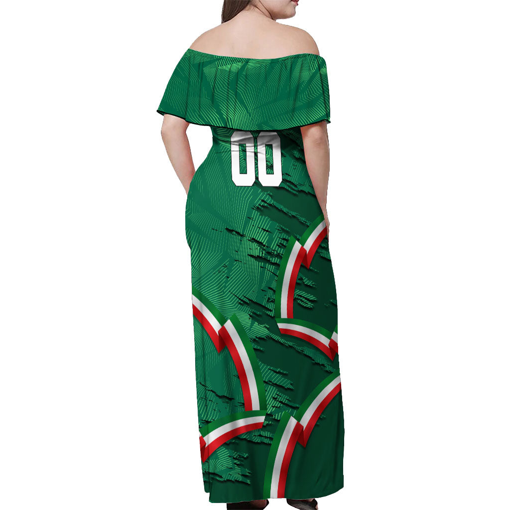 Personalized Mexico Football Off Shoulder Maxi Dress Jaguar Mascot Artistic Brush Stroke Texture