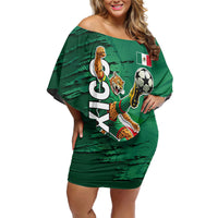 Personalized Mexico Football Off Shoulder Short Dress Jaguar Mascot Artistic Brush Stroke Texture