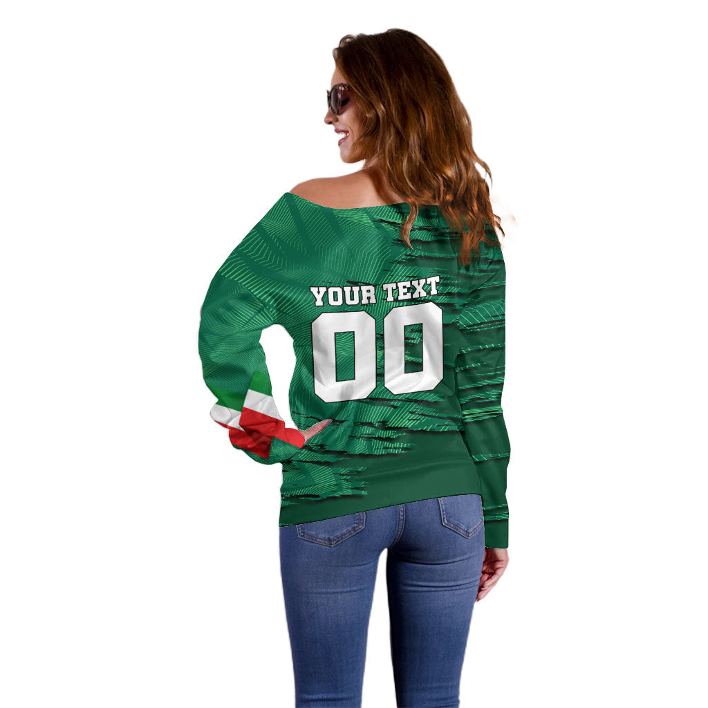 Personalized Mexico Football Off Shoulder Sweater Jaguar Mascot Artistic Brush Stroke Texture