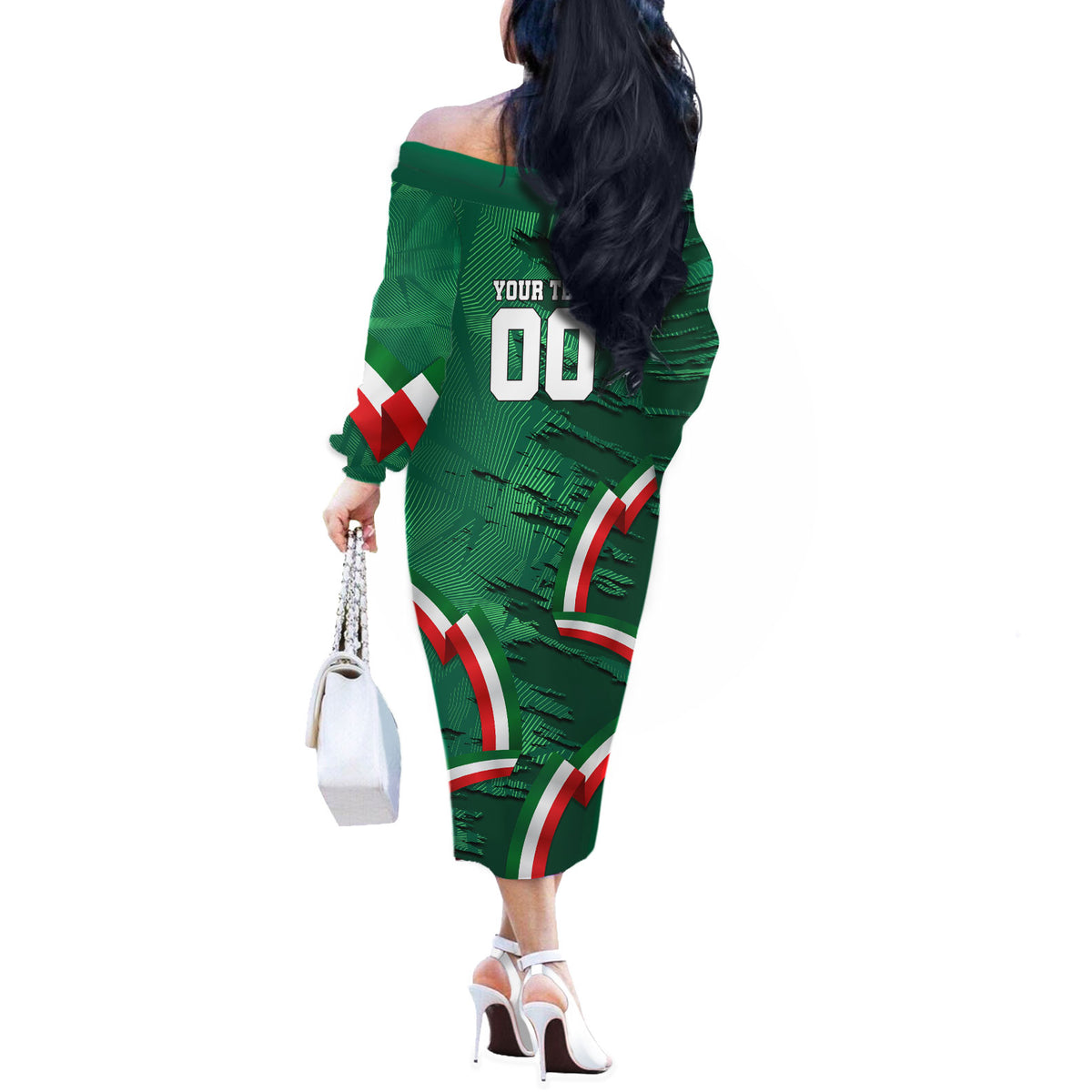 Personalized Mexico Football Off The Shoulder Long Sleeve Dress Jaguar Mascot Artistic Brush Stroke Texture