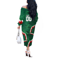 Personalized Mexico Football Off The Shoulder Long Sleeve Dress Jaguar Mascot Artistic Brush Stroke Texture