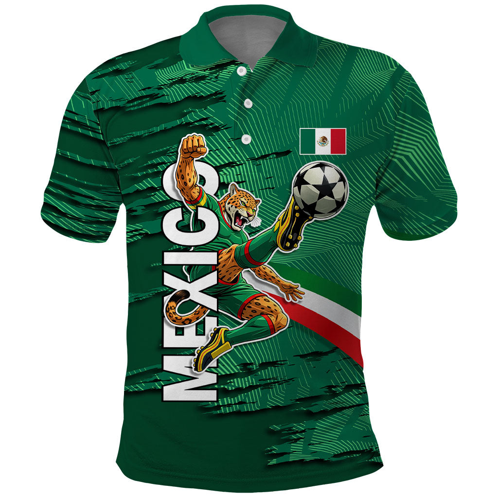 Personalized Mexico Football Polo Shirt Jaguar Mascot Artistic Brush Stroke Texture