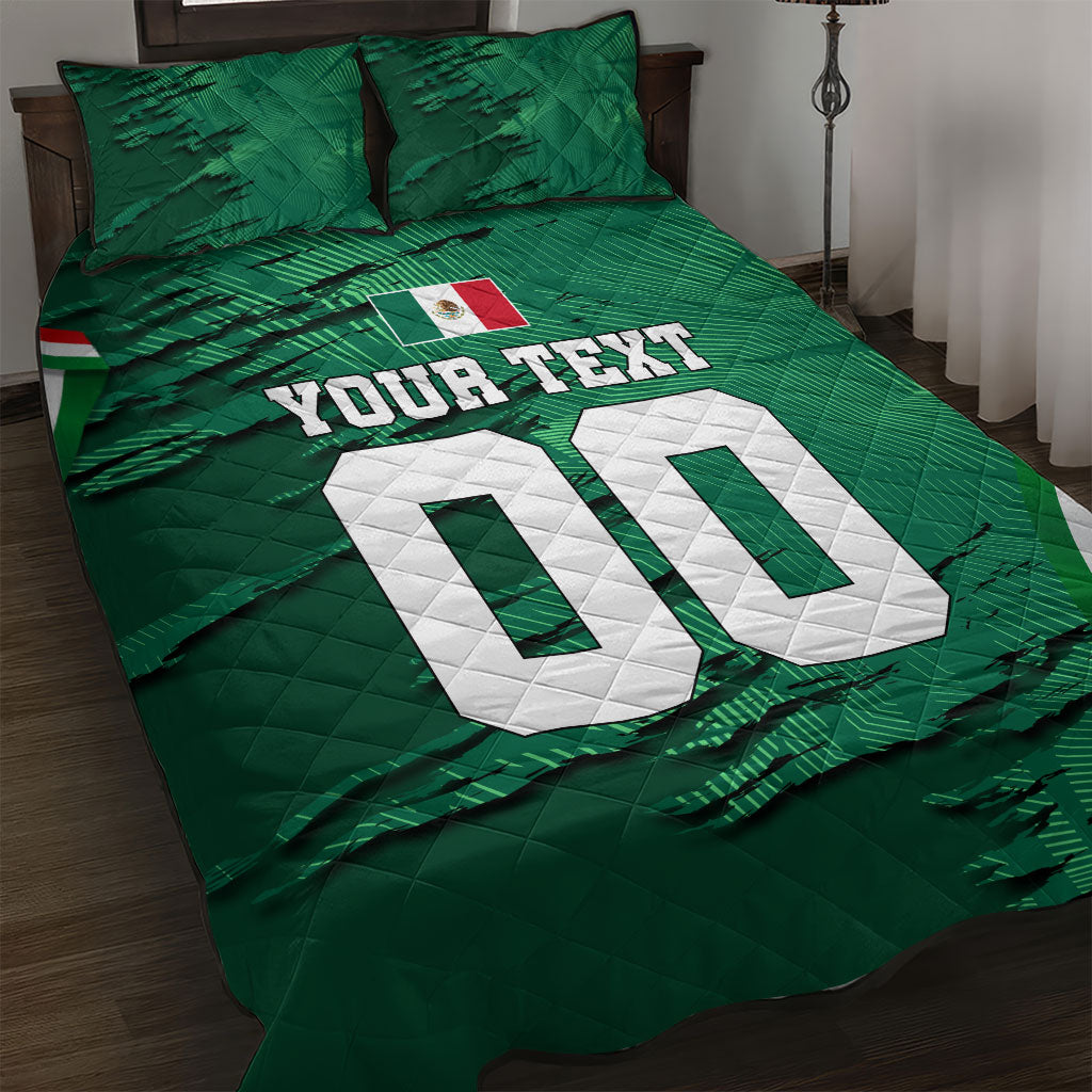 Personalized Mexico Football Quilt Bed Set Jaguar Mascot Artistic Brush Stroke Texture