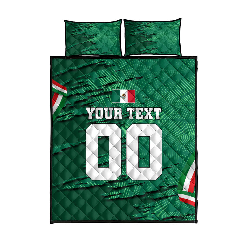 Personalized Mexico Football Quilt Bed Set Jaguar Mascot Artistic Brush Stroke Texture