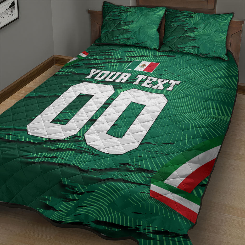 Personalized Mexico Football Quilt Bed Set Jaguar Mascot Artistic Brush Stroke Texture
