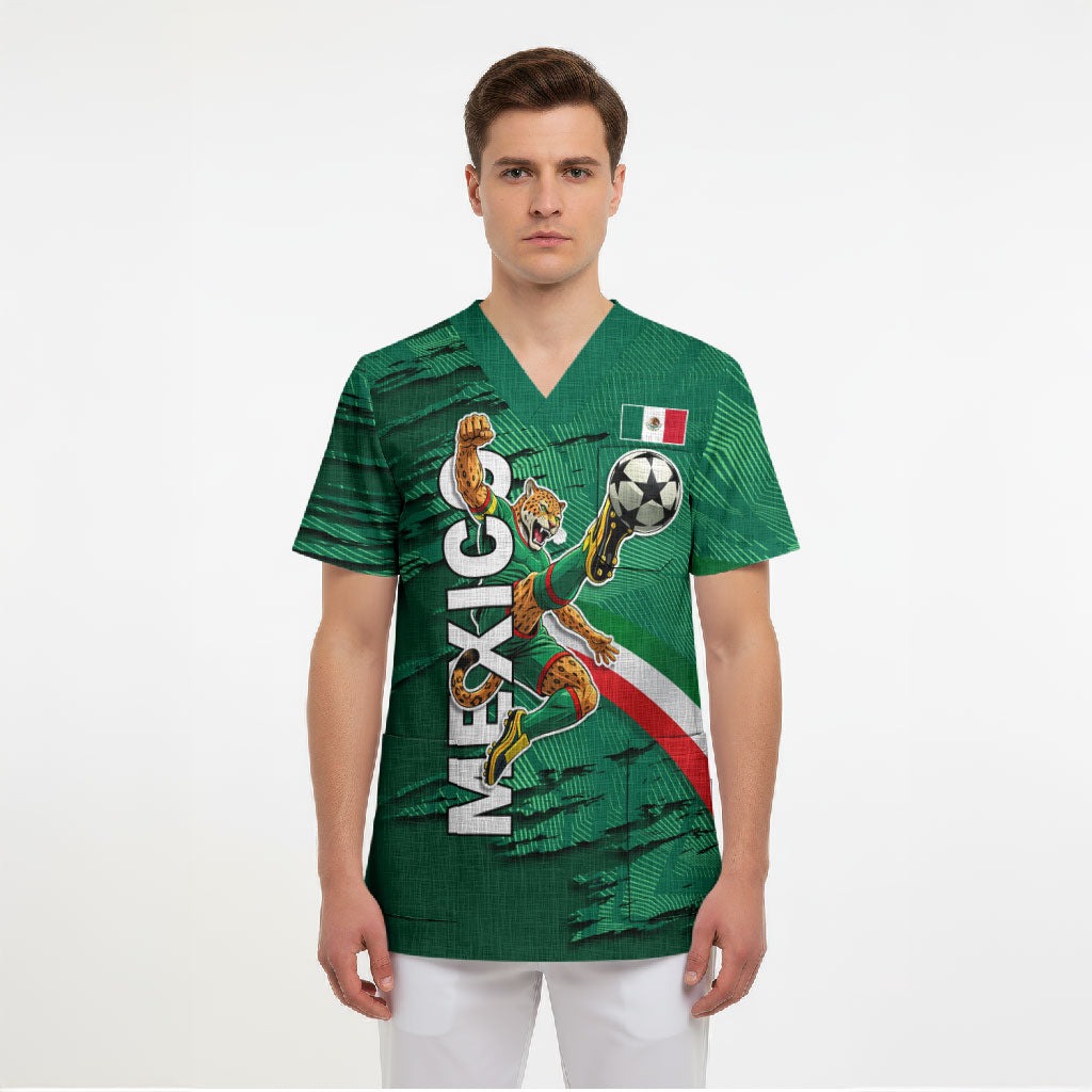 Personalized Mexico Football Scrub Top Jaguar Mascot Artistic Brush Stroke Texture