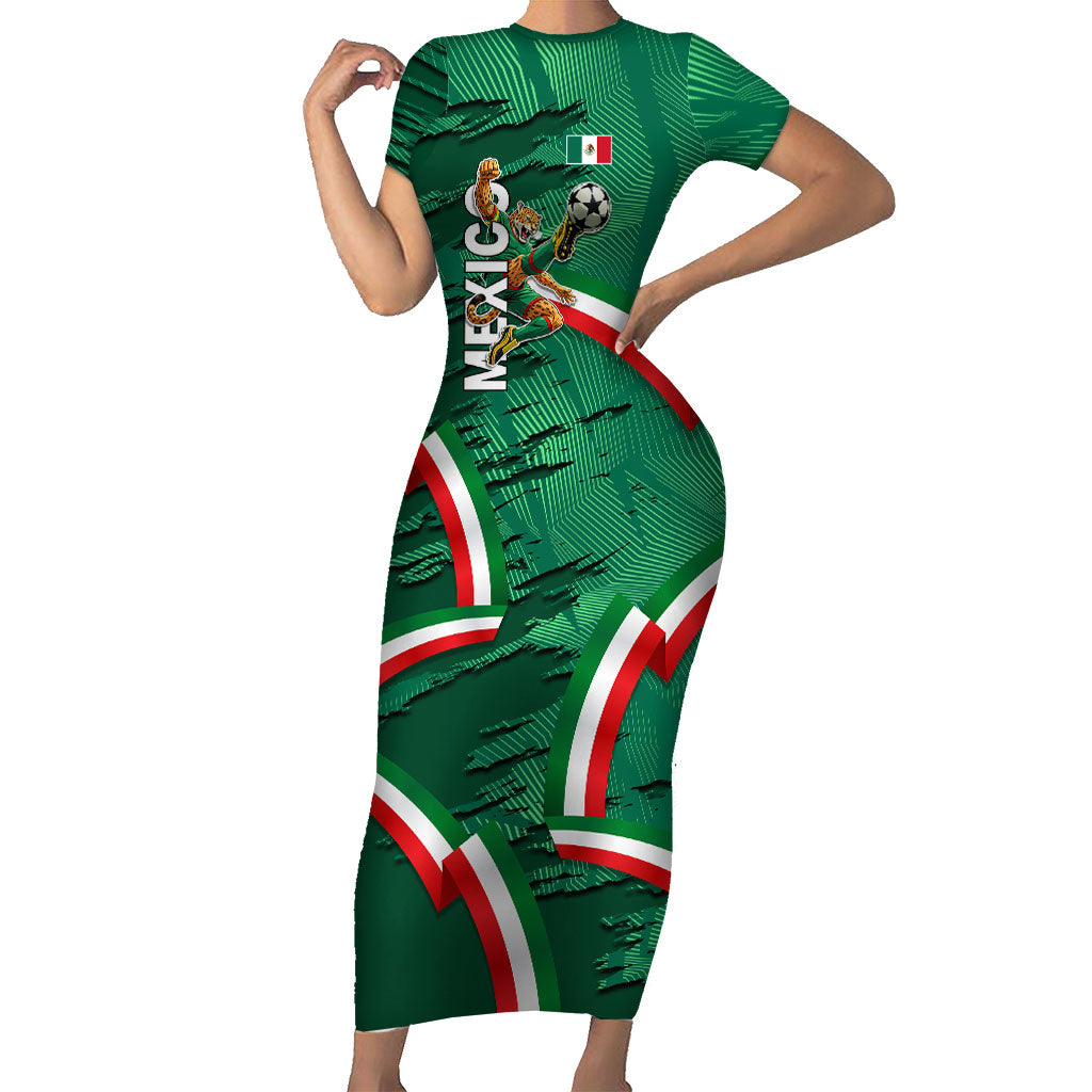 Personalized Mexico Football Short Sleeve Bodycon Dress Jaguar Mascot Artistic Brush Stroke Texture