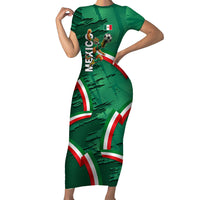 Personalized Mexico Football Short Sleeve Bodycon Dress Jaguar Mascot Artistic Brush Stroke Texture