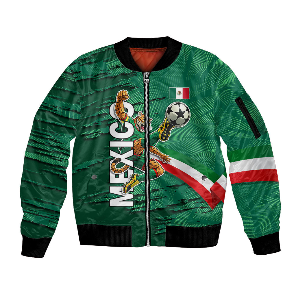 Personalized Mexico Football Sleeve Zip Bomber Jacket Jaguar Mascot Artistic Brush Stroke Texture