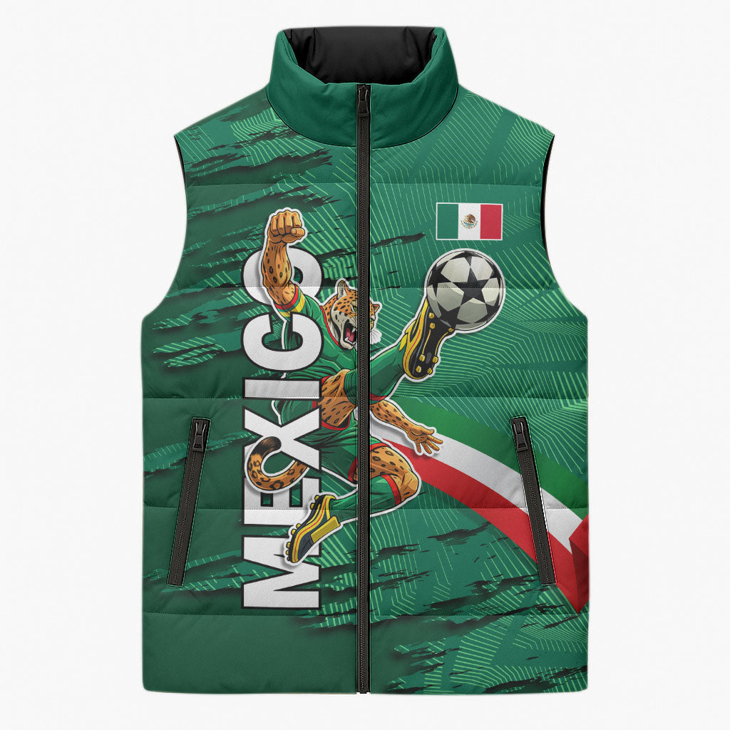 Personalized Mexico Football Sleeveless Puffer Jacket Jaguar Mascot Artistic Brush Stroke Texture