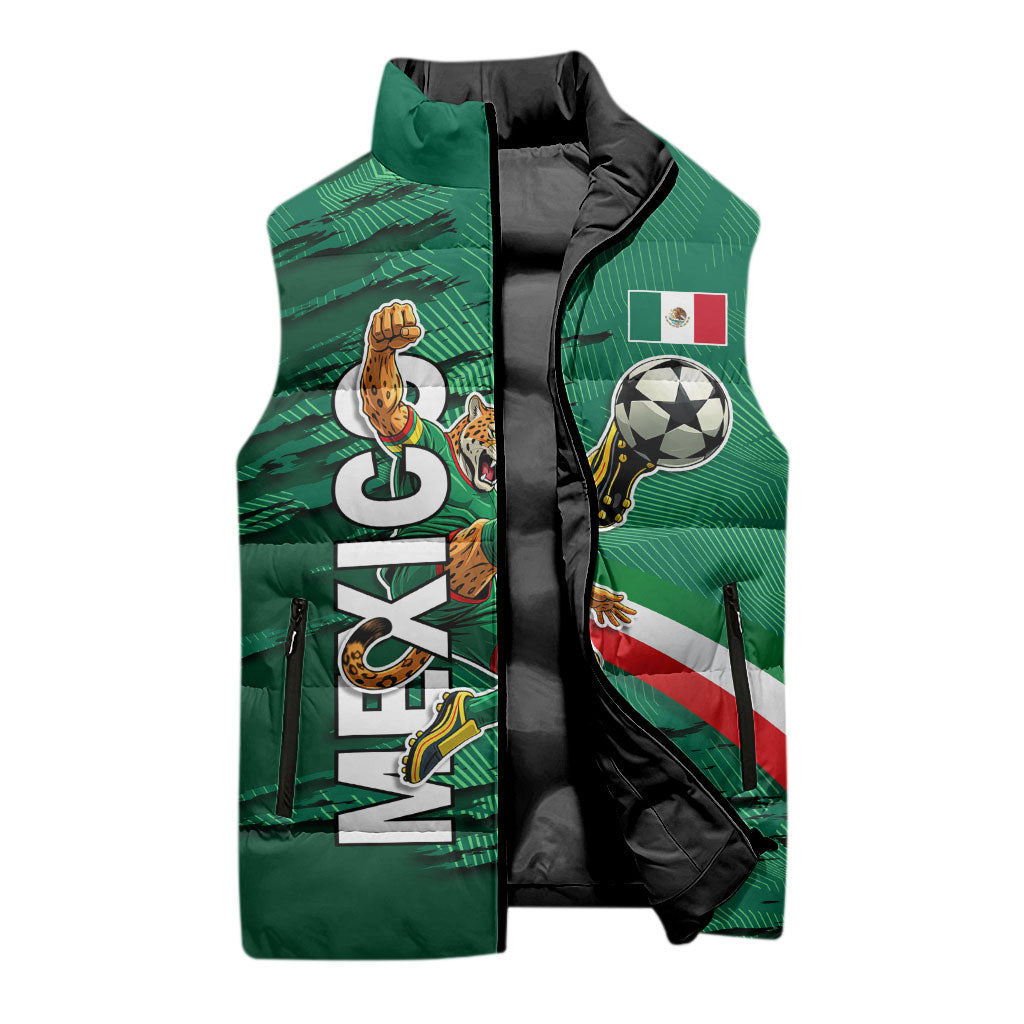Personalized Mexico Football Sleeveless Puffer Jacket Jaguar Mascot Artistic Brush Stroke Texture