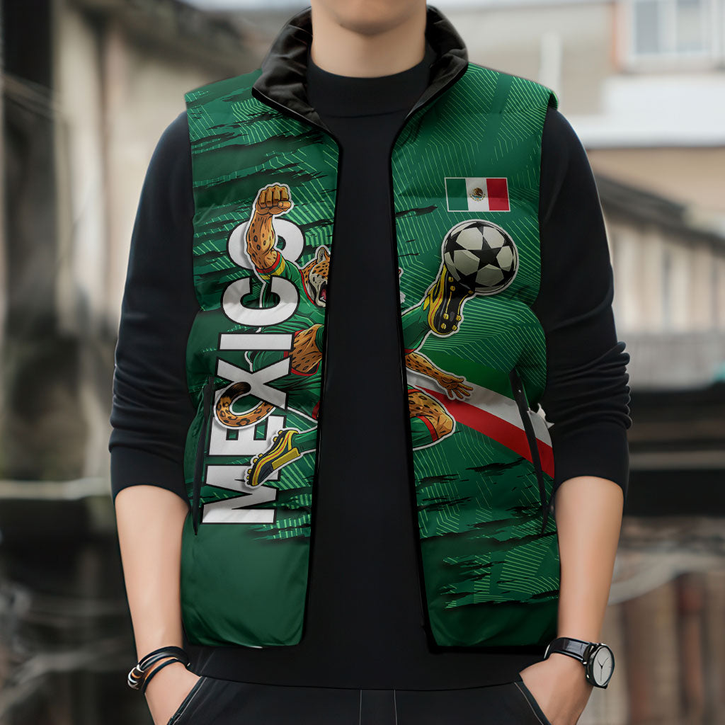 Personalized Mexico Football Sleeveless Puffer Jacket Jaguar Mascot Artistic Brush Stroke Texture