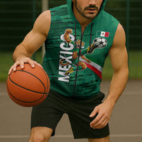 Personalized Mexico Football Sleeveless Zip Hoodie Jaguar Mascot Artistic Brush Stroke Texture