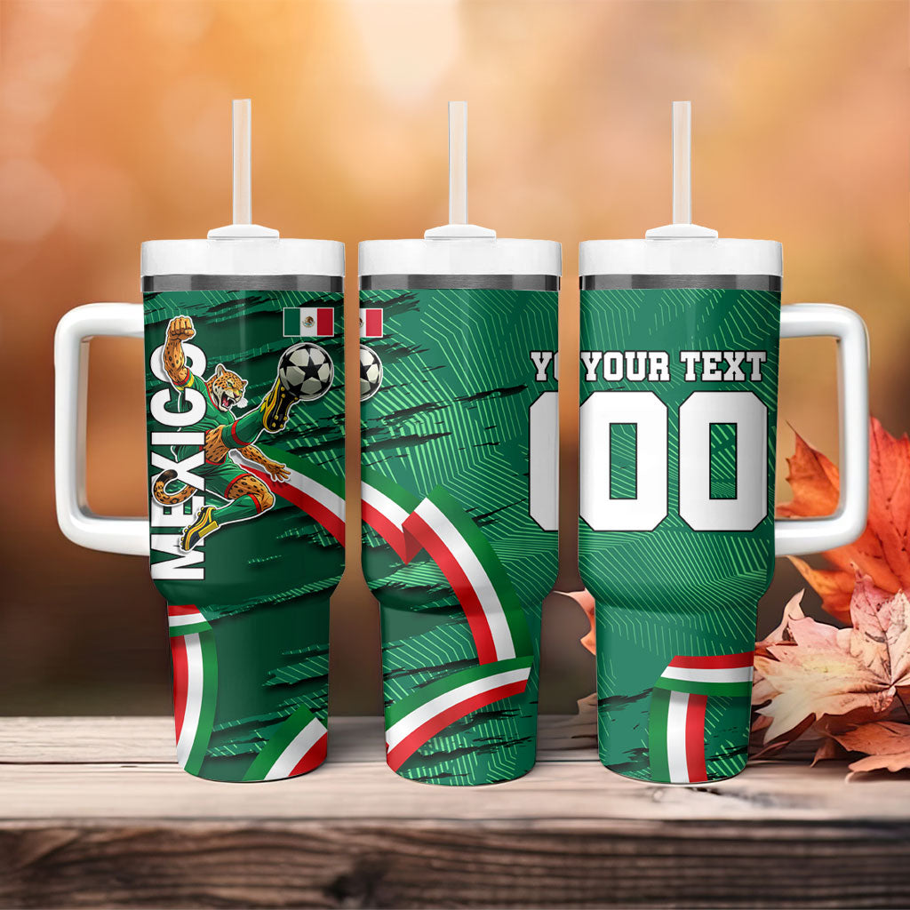 Personalized Mexico Football Tumbler With Handle Jaguar Mascot Artistic Brush Stroke Texture
